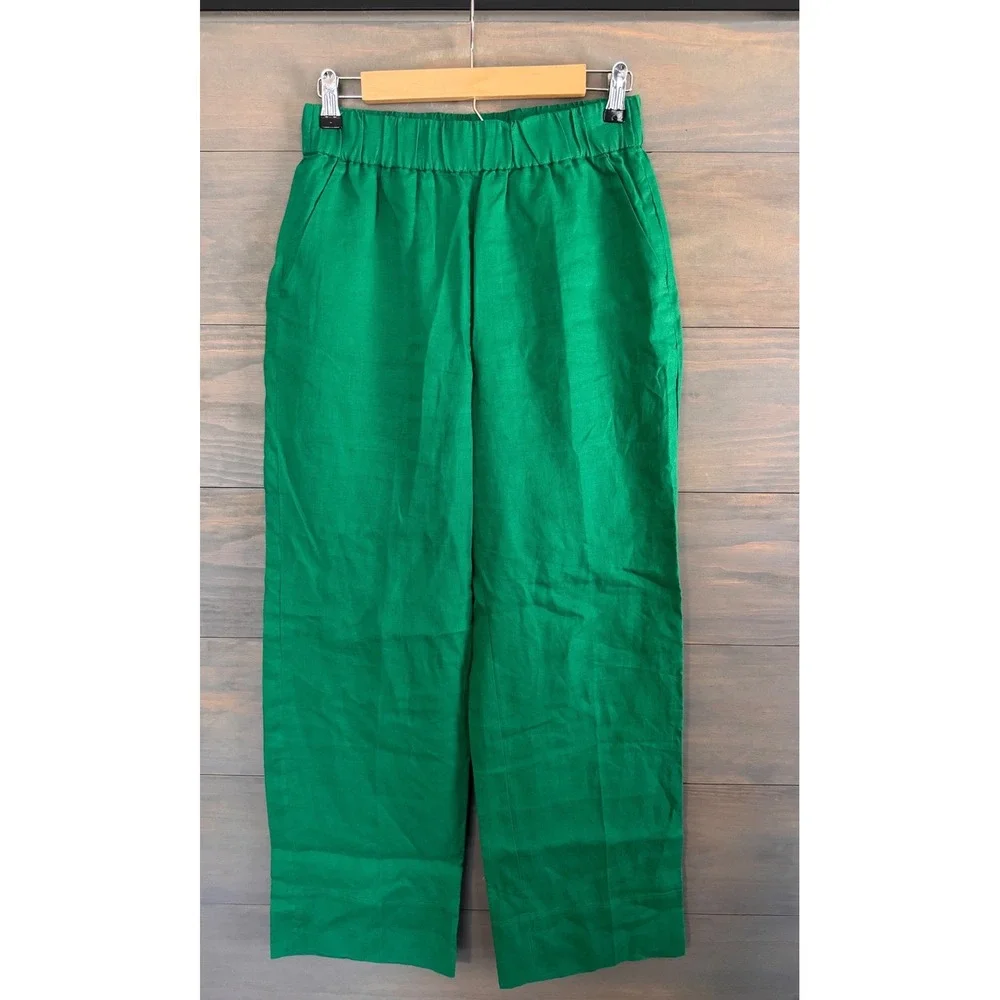 Everlane The Linen Easy Pant Green 100% European Flax Elastic Waist Small